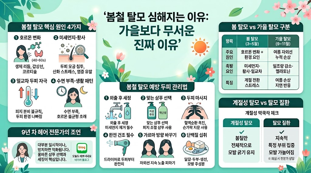 봄철 탈모 심해지는 이유: 가을보다 무서운 진짜 이유'라는 제목의 종합 인포그래픽. 왼쪽 상단에는 '봄철 탈모 핵심 원인 4가지'로 호르몬 변화, 미세먼지·황사, 일교차 두피 자극, 수면 부족·생활 패턴을 아이콘과 함께 설명합니다. 오른쪽 상단은 '봄 탈모 vs 가을 탈모 구분' 표를 통해 계절별 원인, 촉발 요인, 특징을 비교합니다. 오른쪽 하단은 '계절성 탈모 vs 탈모 질환' 체크 리스트로 구분법을 보여줍니다. 중앙 하단에는 '봄철 탈모 예방 두피 관리법'으로 외출 후 세정, 맞는 샴푸 선택, 두피 마사지, 완전 건조 필수, 가르마 방향 바꾸기, 단백질 섭취의 6가지 항목을 아이콘과 함께 정리했습니다. 왼쪽 하단에는 '9년 차 헤어 전문가의 조언'과 '오늘도 예쁘시네요 네이버 블로그' 정보가 포함되어 있습니다.