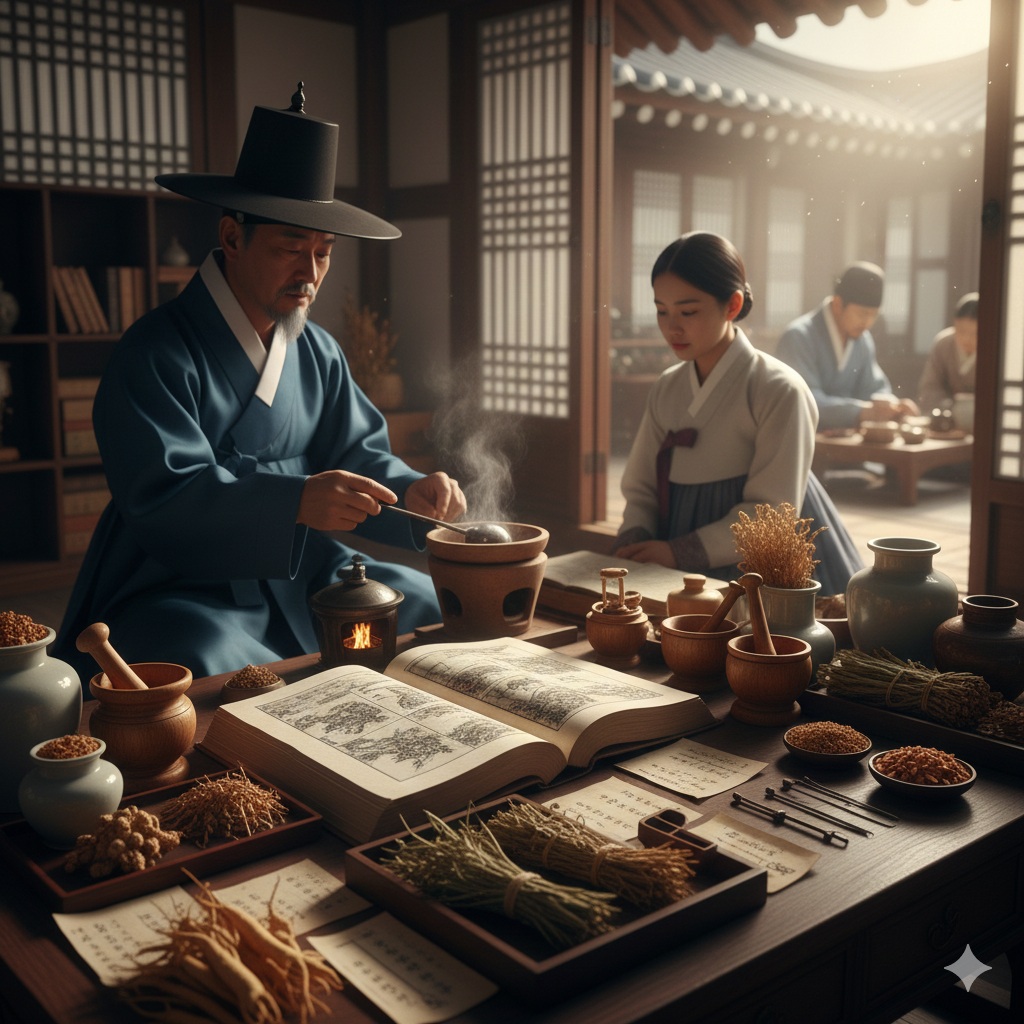 A high-quality image of traditional Korean medical tools, herbs, and the Annals of the Joseon Dynasty.