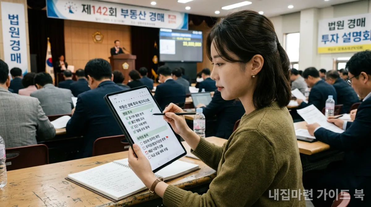 부동산 경매 권리분석 체크리스트를 확인하는 한국인 투자자