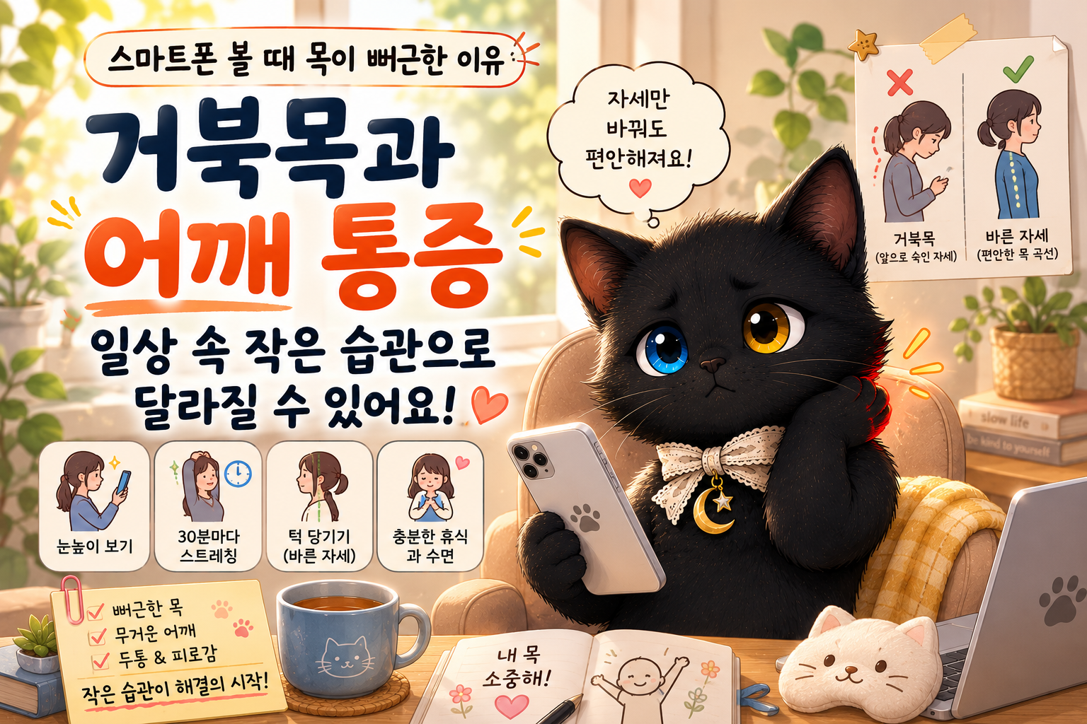 스마트폰 볼 때 목이 뻐근한 이유, 거북목과 어깨 통증은 왜 생길까요?
