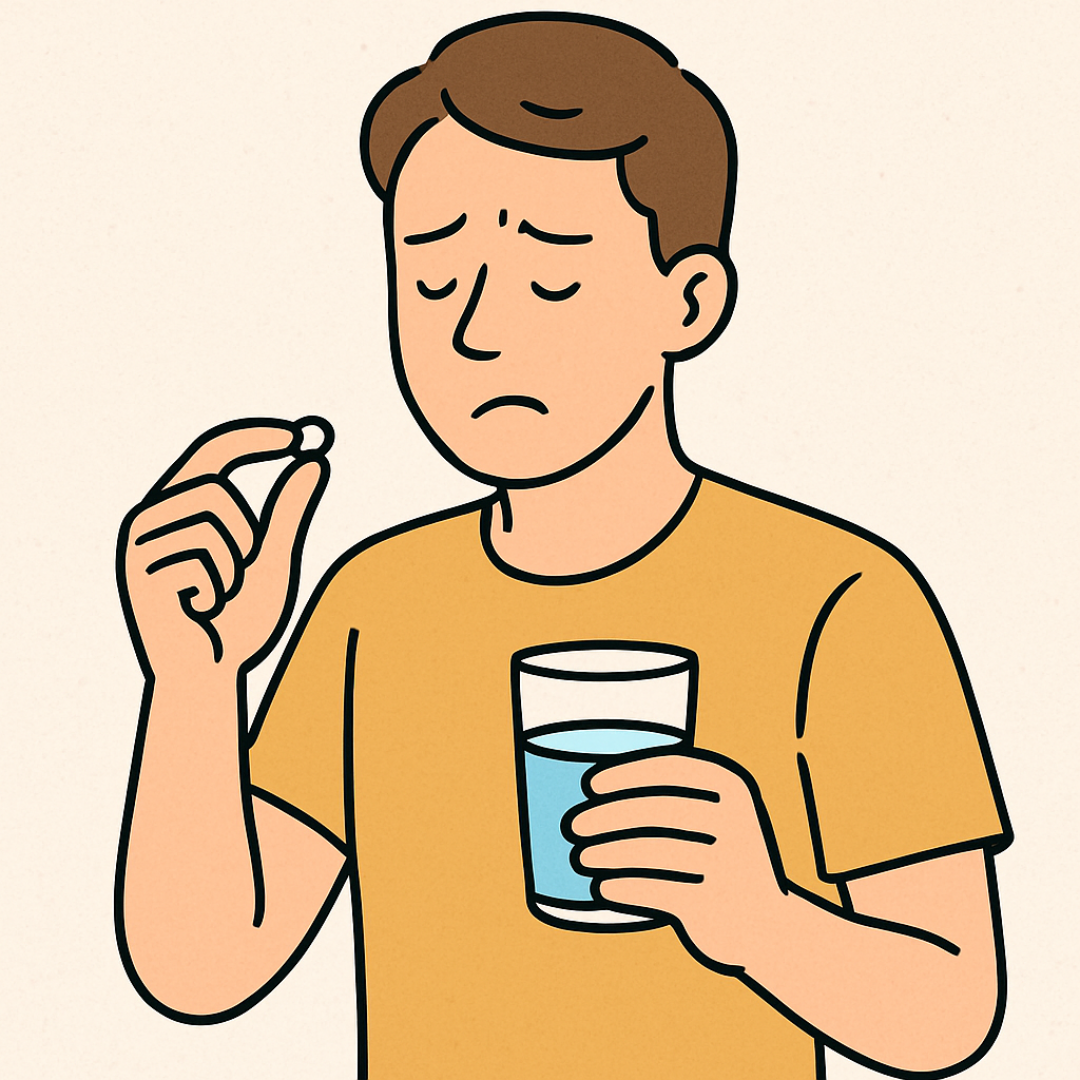 공복에 약을 복용하려다 속이 불편한 남성을 표현한 일러스트 이미지