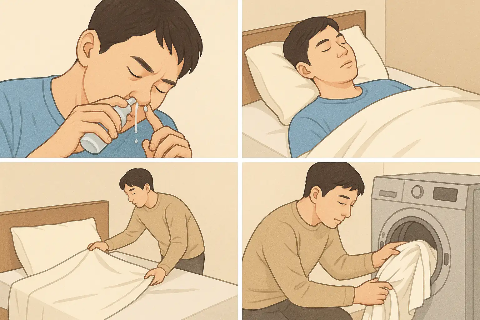 코 세척(생리식염수), 상체를 높여 자는 모습, 침구 세탁 장면