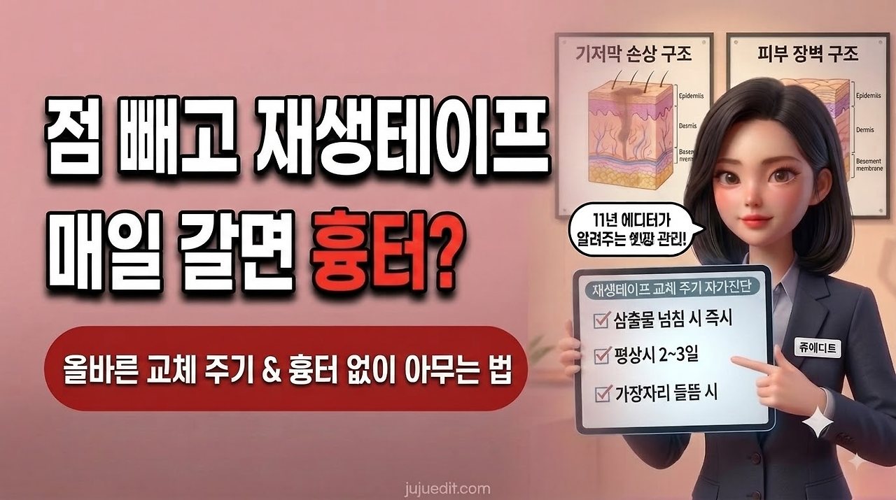 점 빼고 난 뒤 재생테이프 교체 주기와 흉터 없이 아물게 하는 올바른 관리법을 설명하는 쥬에디트 3D 인포그래픽 이미지
