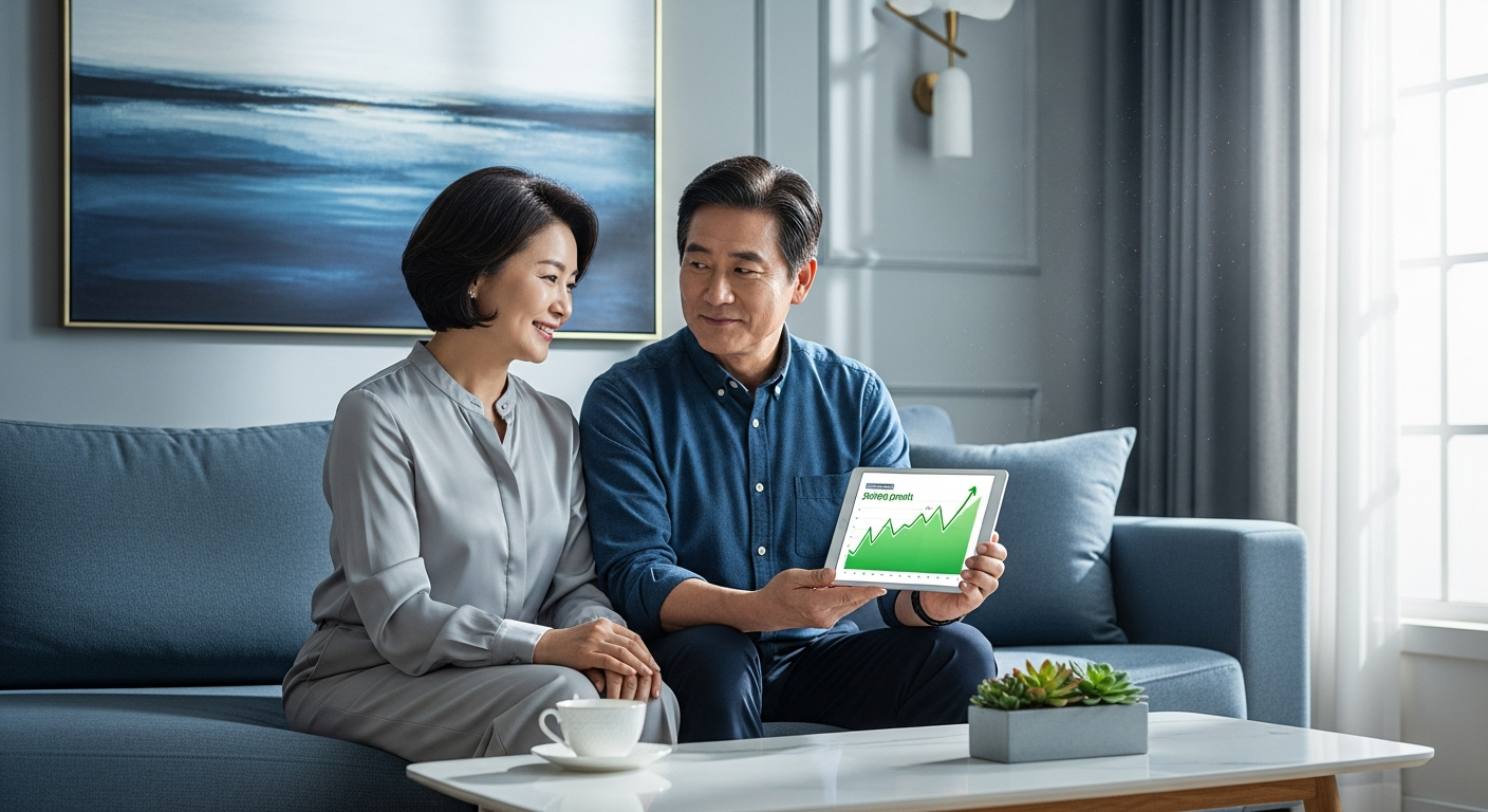 햇살이 비치는 현대적인 거실 소파에 앉아 태블릿의 금융 성장 차트를 보며 여유롭게 미소 짓고 있는 50대 한국인 부부.