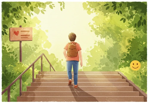 계단을 오르거나 산책하는 사람의 뒷모습과 마음 관리를 상징하는 아이콘이 있는 따뜻한 수채화 일러스트.