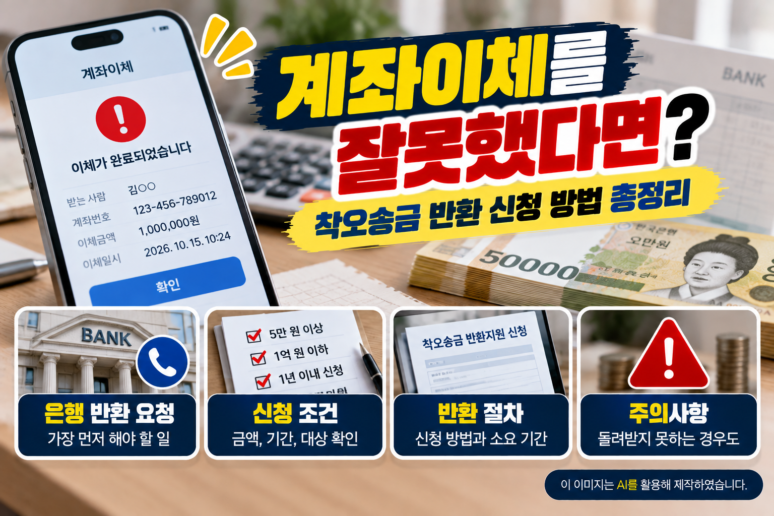 계좌이체를 잘못했을 때 착오송금 반환 신청 방법을 안내하는 이미지로, 스마트폰 송금 완료 화면과 은행 반환 요청, 신청 조건, 반환 절차 및 주의사항을 설명하는 생활금융 안내 이미지