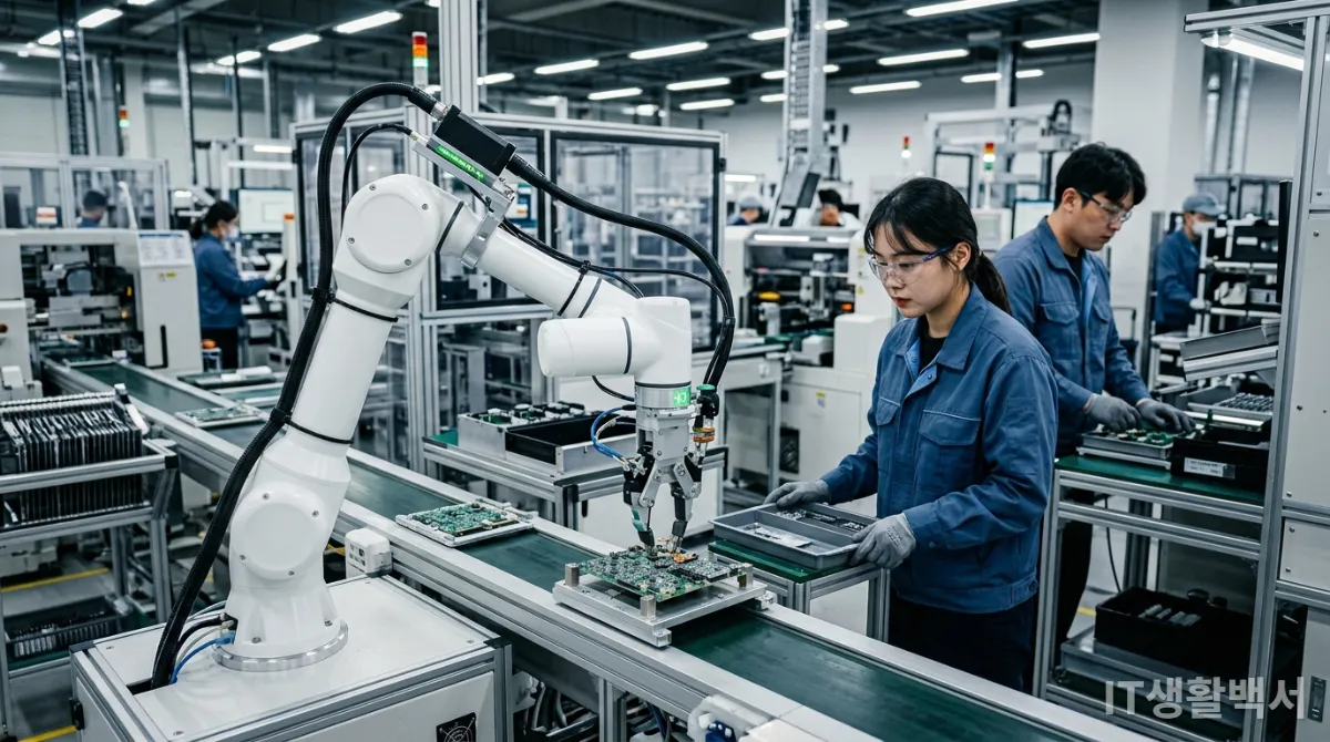한국 제조 공장에서 인간 작업자와 협력하는 피지컬 AI 로봇