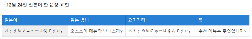 추천 메뉴는 무엇입니까?가 일본어로 읽는 방법등이 나와있는 그림