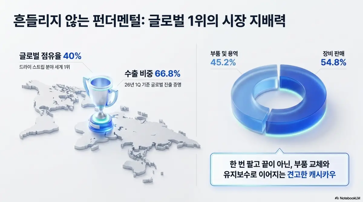피에스케이 주가 전망: 피에스케이의 글로벌 시장 지배력을 보여주는 이미지. 드라이 스트립 분야 세계 시장점유율 40퍼센트로 글로벌 1위, 수출 비중 66.8퍼센트, 장비 판매 54.8퍼센트와 부품·용역 45.2퍼센트의 매출 구성을 시각적으로 전달하며, 블로그의 피에스케이 사업 안정성 분석과 관련된 내용을 설명함