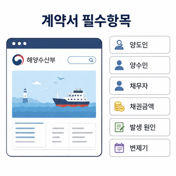 채권양도양수 계약서에 양도인과 양수인, 채무자, 채권금액, 발생 원인, 변제기를 작성하는 항목을 정리한 이미지