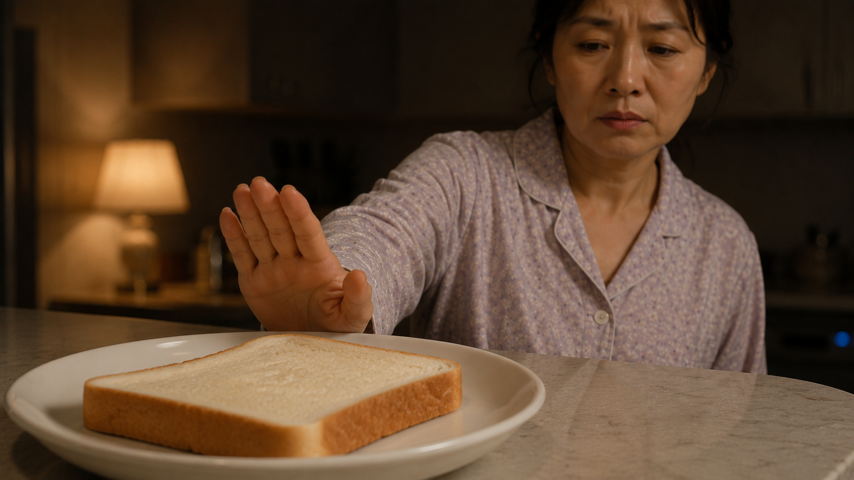밤 늦은 시간 주방에서 빵을 보며 갈등하다가 수면을 위해 밀가루를 멀리하는 50대 중년 여성의 모습