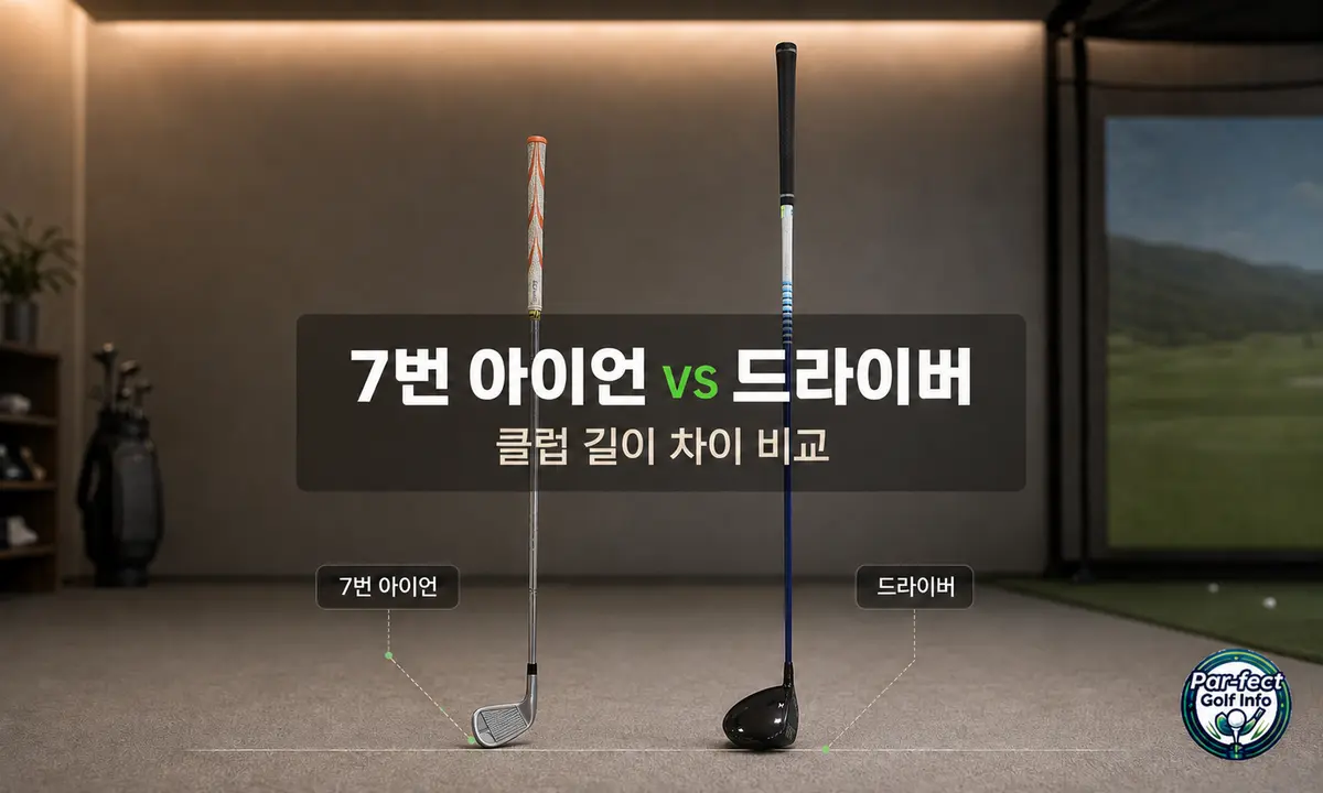 직접 촬영한 7번 아이언과 드라이버를 같은 기준선에 놓고 길이를 비교한 사진
