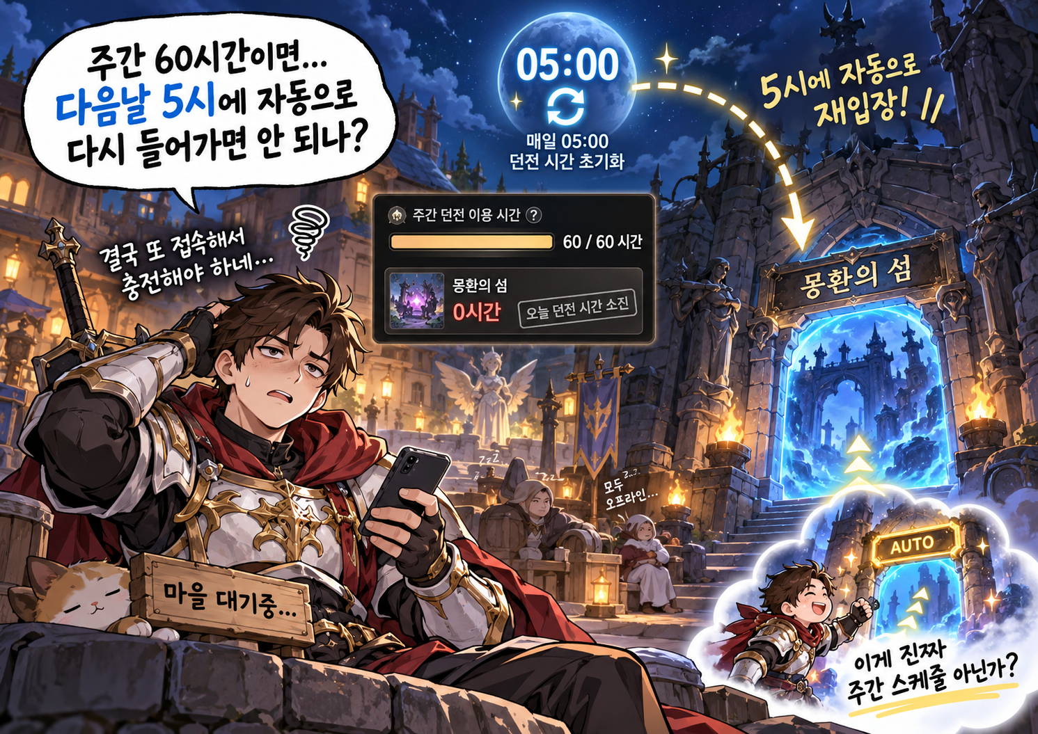 리니지M 무접속 플레이 중 다음날 오전 5시 던전 자동 재입장을 제안하는 웹툰 이미지