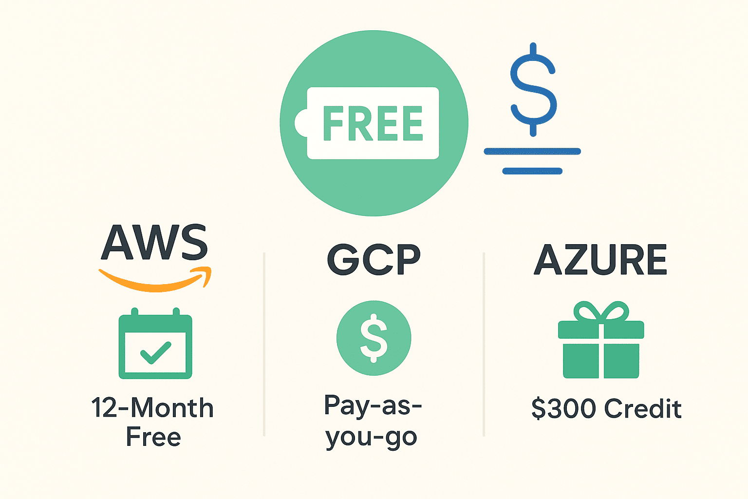 AWS, GCP, Azure의 무료 티어 비교 아이콘 인포그래픽 이미지
