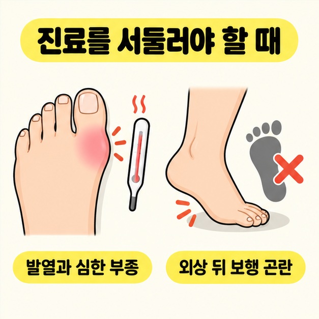 진료를 서둘러야 할 때라는 제목 아래 붉게 표시된 엄지 주변과 체온계, 발을 디디는 모습과 엑스 표시 발자국으로 발열과 심한 부종 및 외상 뒤 보행 곤란을 안내한 그림