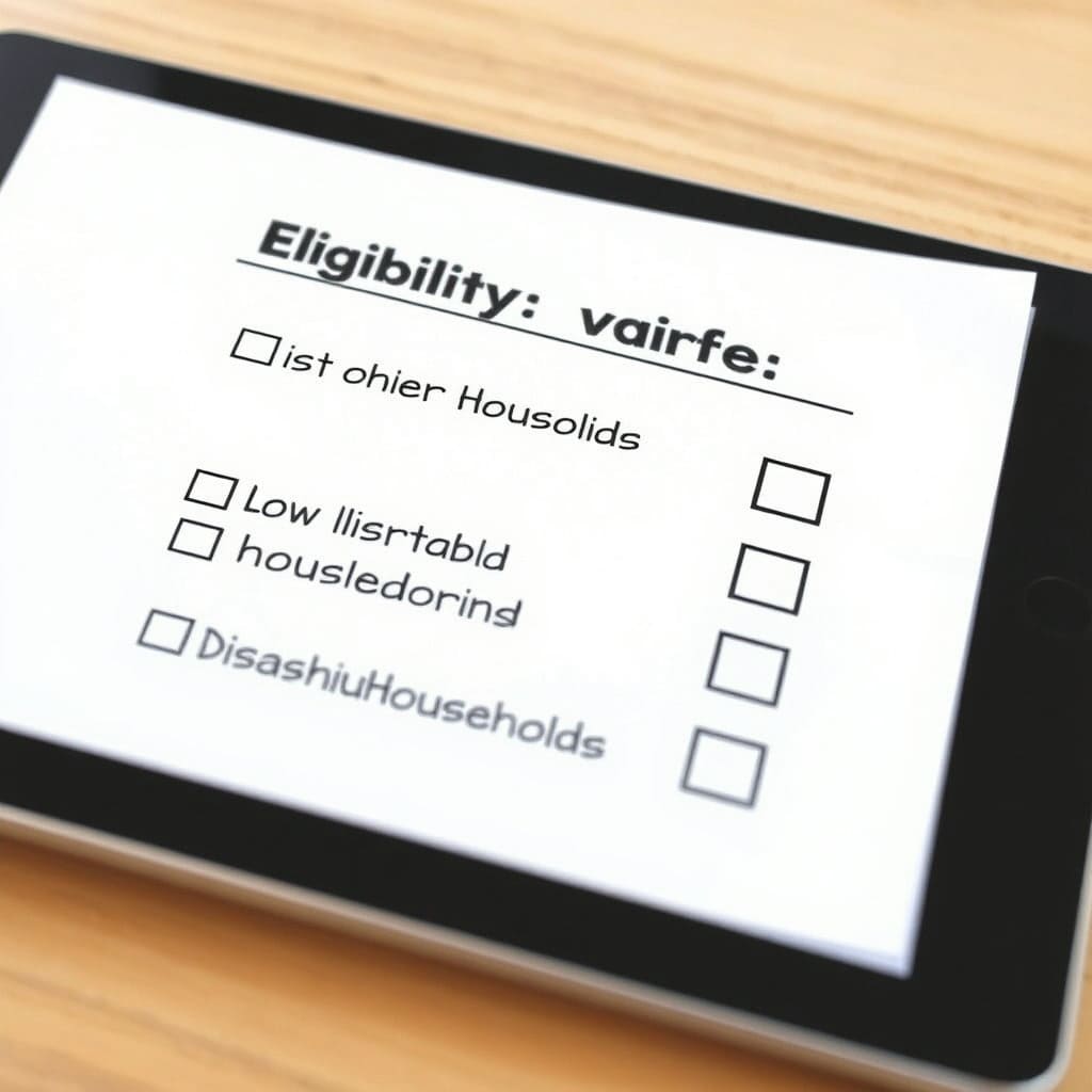 종이 또는 태블릿 화면에 체크박스와 함께 '기초생활수급자', '차상위계층', '장애인 가구' 등 주요 신청 자격이 나열되어 있고, 몇몇 항목에 체크 표시가 되어 있습니다. 사용자가 직접 자격을 확인하는 듯한 느낌을 주어 정보의 실용성을 높입니다.