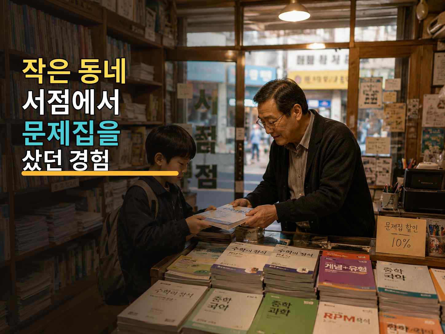 오래된 나무 책장과 문제집이 가득한 작은 서점에서 학생과 서점 주인이 책을 함께 들고 살펴보는 모습