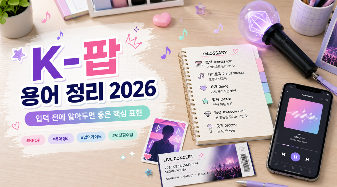 K-팝 용어 정리 2026 컴백 팬챈트 포카 응원봉 스밍 뜻을 쉽게 설명하는 이미지