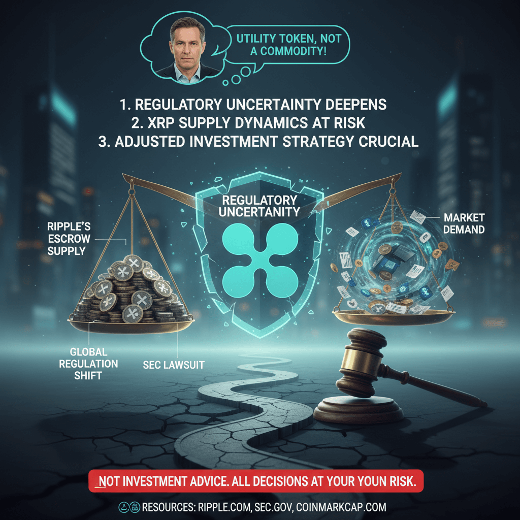 리플 XRP의 규제 불확실성, SEC 소송 및 글로벌 규제 변화가 에스크로 공급-수요 역학에 미치는 영향과 투자 전략의 중요성을 보여주는 이미지