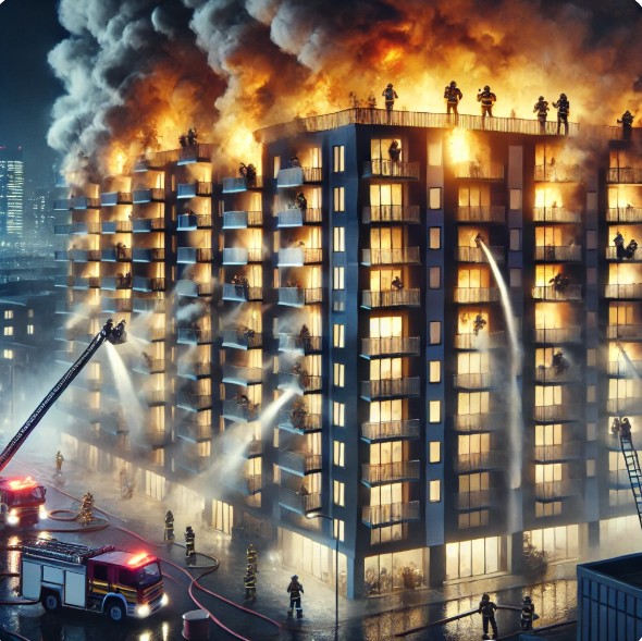 불이난 아파트에서 불을 끄는 소방관들