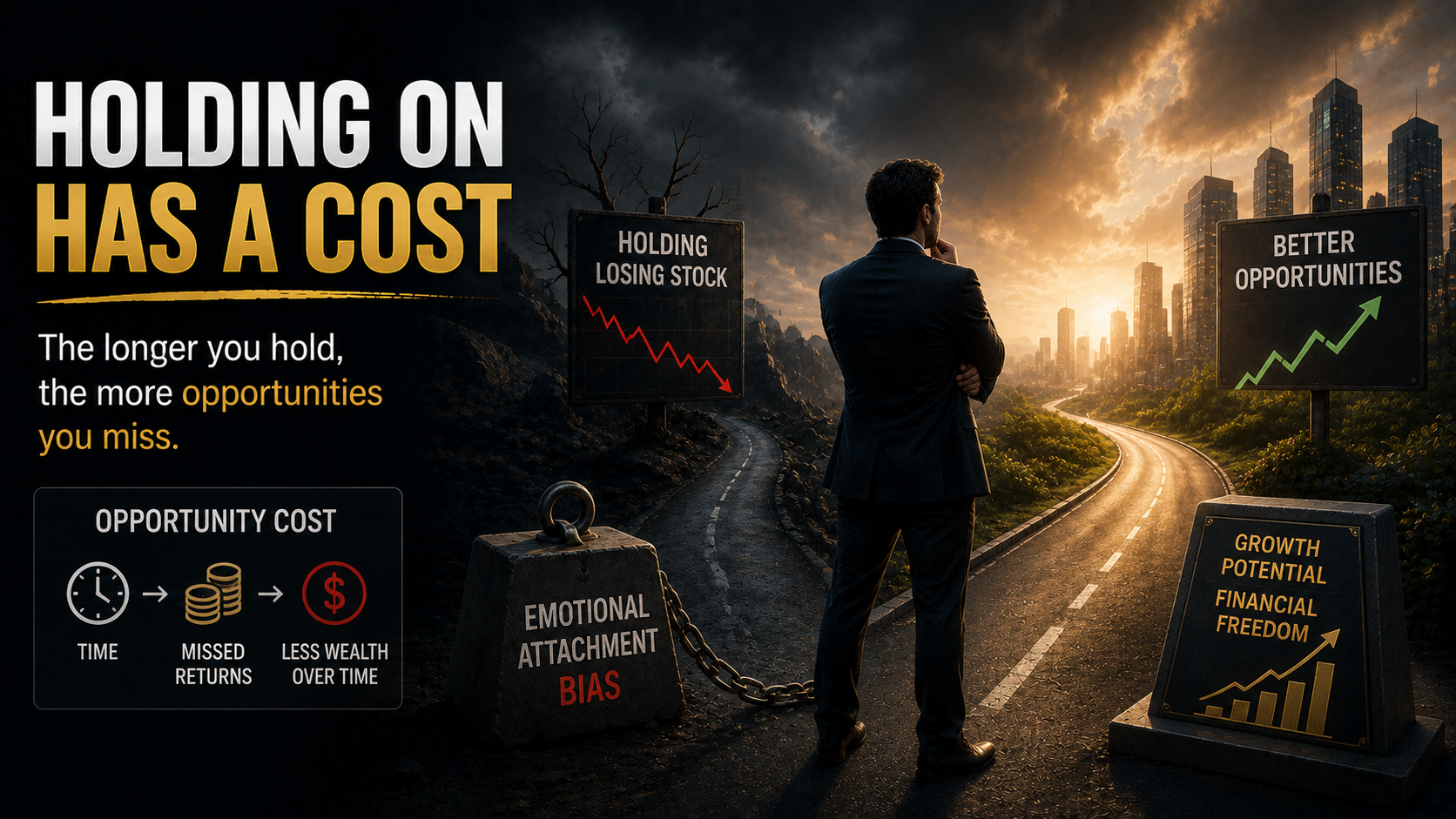 Behavioral finance illustration showing the opportunity cost of holding underperforming investments instead of reallocating capital.