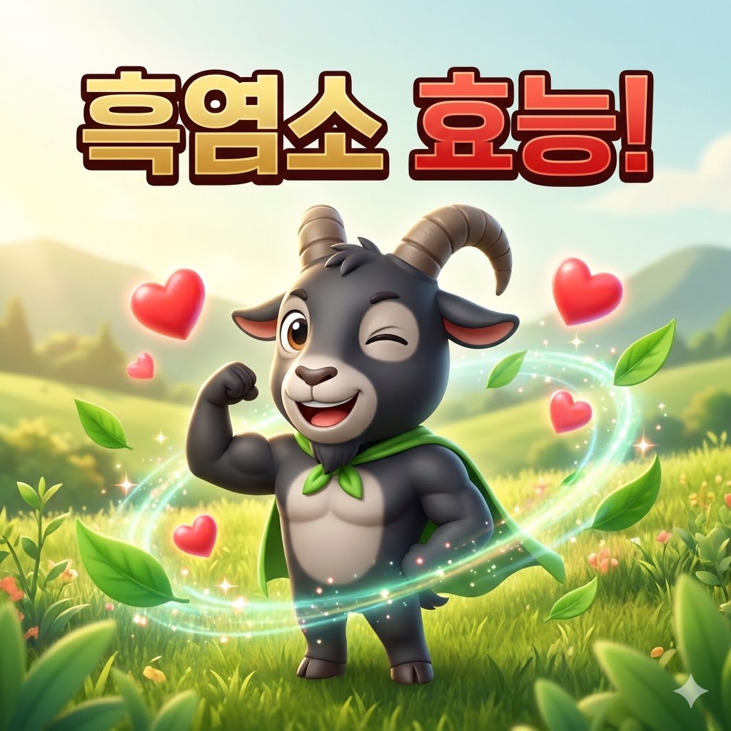 힘찬 근육을 자랑하며 웃고 있는 3D 카툰 스타일의 귀여운 흑염소 캐릭터가 하트와 나뭇잎에 둘러싸여 활력을 표현하고 있으며, '흑염소 효능!'이라는 글자가 크게 쓰여진 이미지.