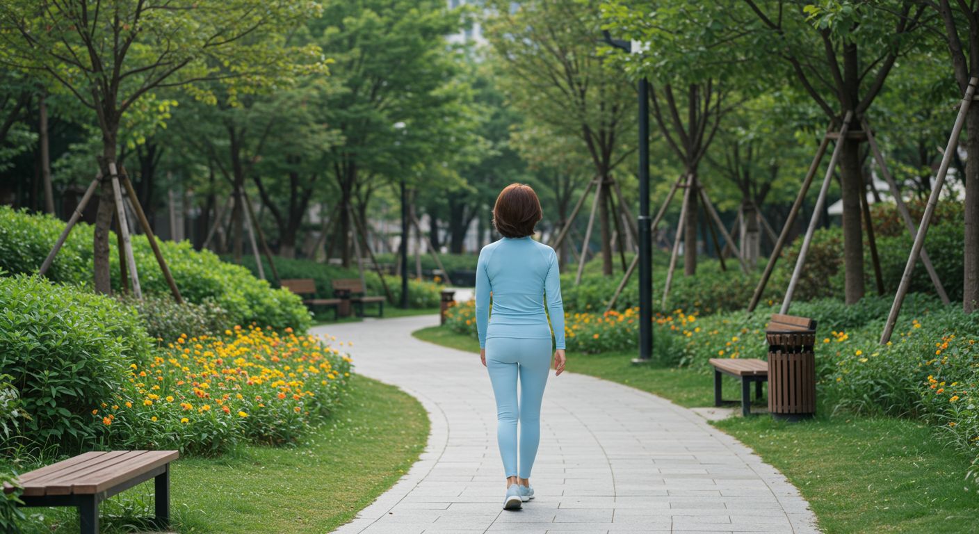 공원에서 산책 중인 중년 여성의 뒷모습