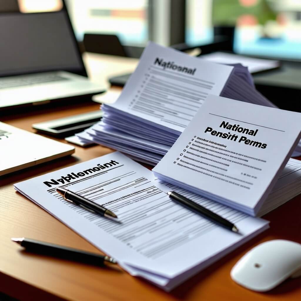 연금 관련 서류: 국민연금 관련 서류와 문서가 정리된 책상. 가입 신청서, 수령 신청서 등을 포함