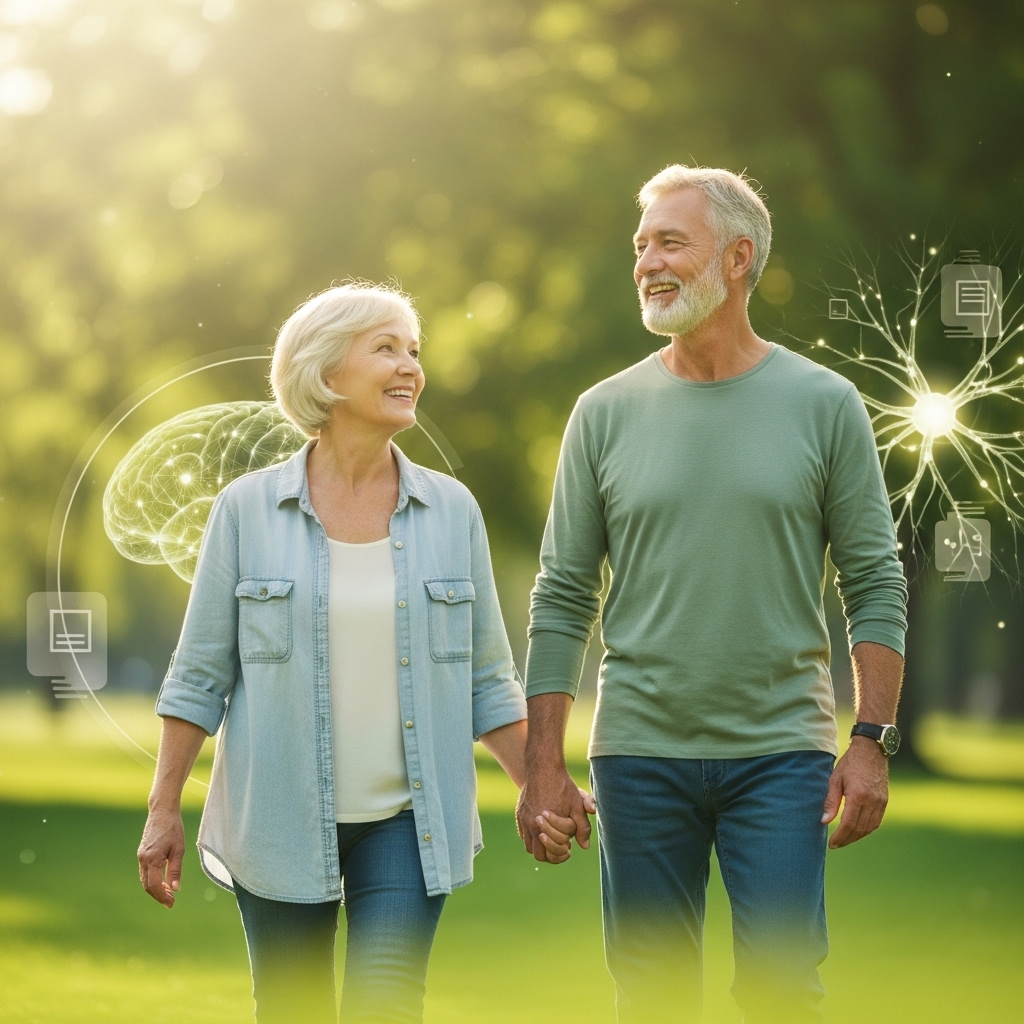 2025년 햇살 가득한 공원을 활기차게 걷는 시니어 부부, 건강한 뇌 활력과 행복한 노년을 상징