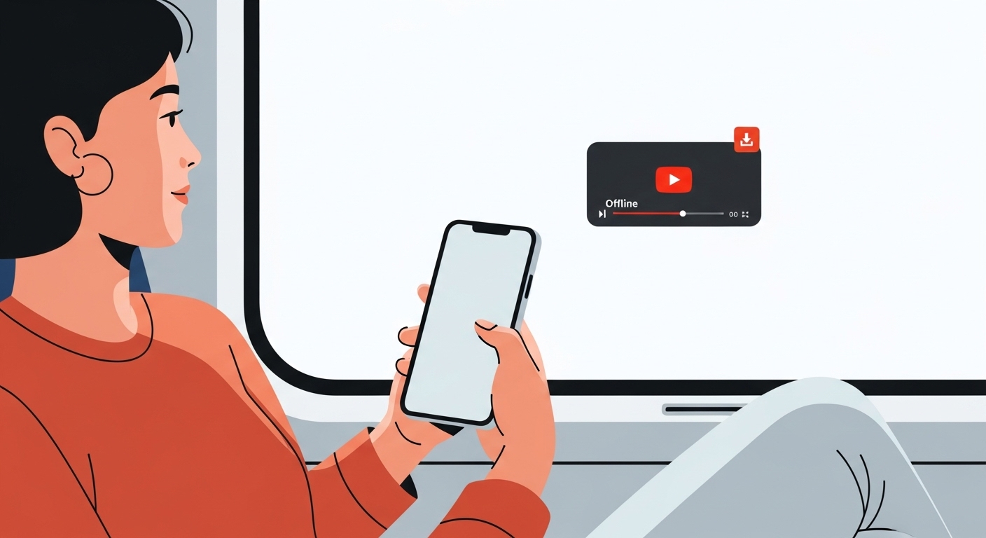 기차 안에서 스마트폰 화면을 끄거나 다른 앱을 실행한 채 유튜브 영상을 백그라운드 재생으로 감상하며 편안하게 여행하는 사람의 모습. 오프라인 저장 기능을 나타내는 작은 다운로드 아이콘도 보인다.