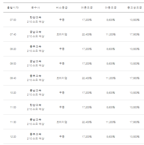 인천공항에서 천안가는 버스시간표