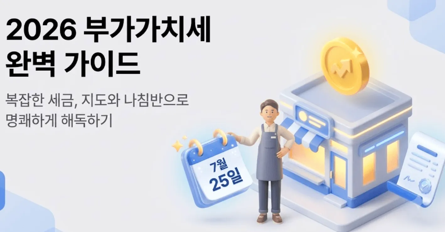 부가가치세 신고기간: 2026 부가가치세 완벽 가이드라는 제목과 함께 사업자 캐릭터가 가게 앞에서 7월 신고 일정을 안내하는 일러스트 이미지. 복잡한 부가가치세 신고기간과 신고 대상을 쉽게 이해할 수 있도록 달력과 세금 아이콘이 배치되어 있으며 2026년 부가세 확정신고 일정과 사업자 유형별 준비사항을 다루는 블로그 글의 대표 이미지로 사용됨
