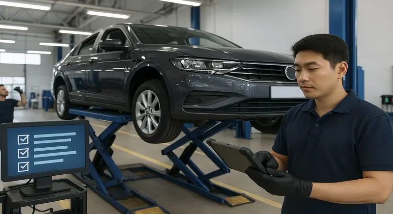 자동차 리프트 위에서 차량 점검 중인 정비 전문가와 검사 체크리스트 화면