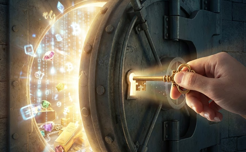 황금 열쇠를 쥐고 거대한 금고 문을 여는 손