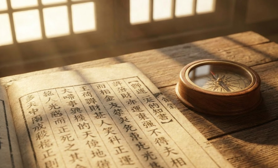 고서와 나침반이 놓인 테이블 위로 따뜻한 햇살이 비치며 사주풀이의 신비로운 분위기를 연출하는 모습