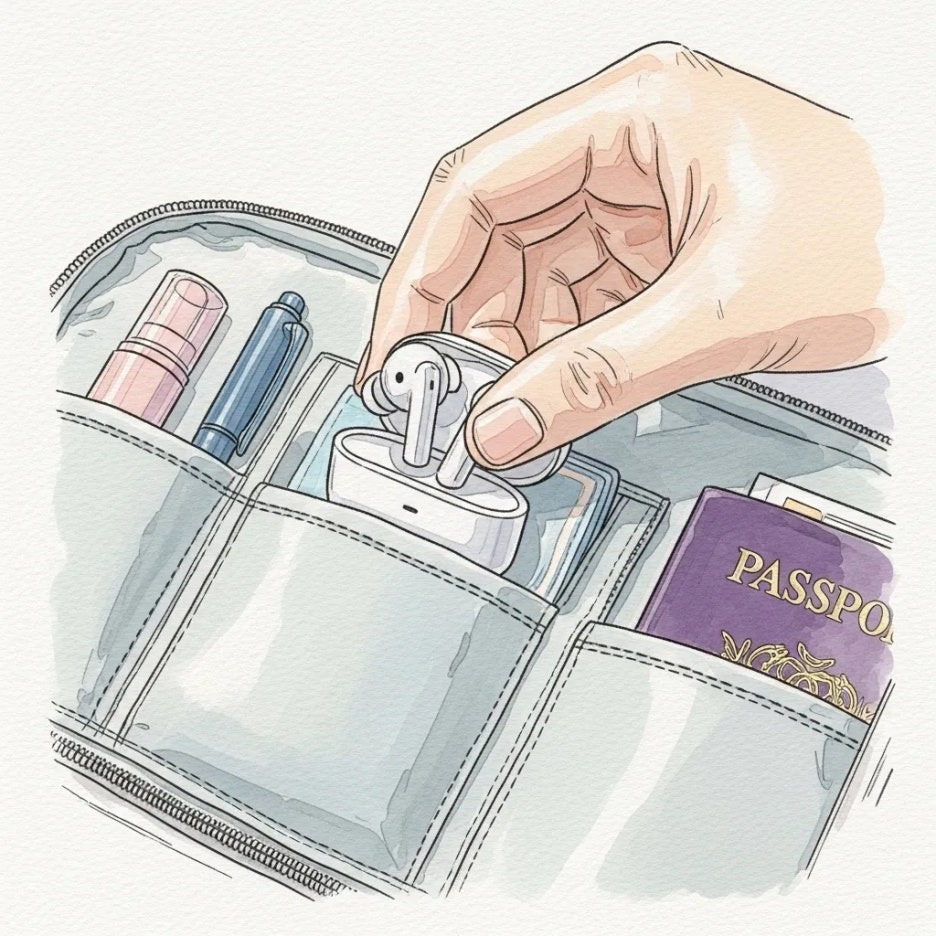 손이 이어폰을 오거나이저백에 넣는 모습