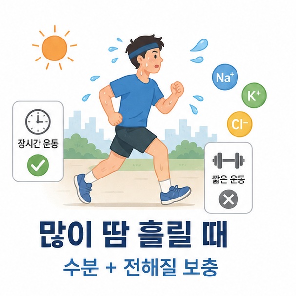 더운 날 장시간 운동하며 땀을 흘리는 사람과 수분·전해질 보충 개념을 표현한 이미지