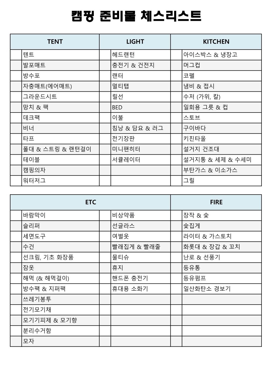 캠핑 준비물 체크리스트
