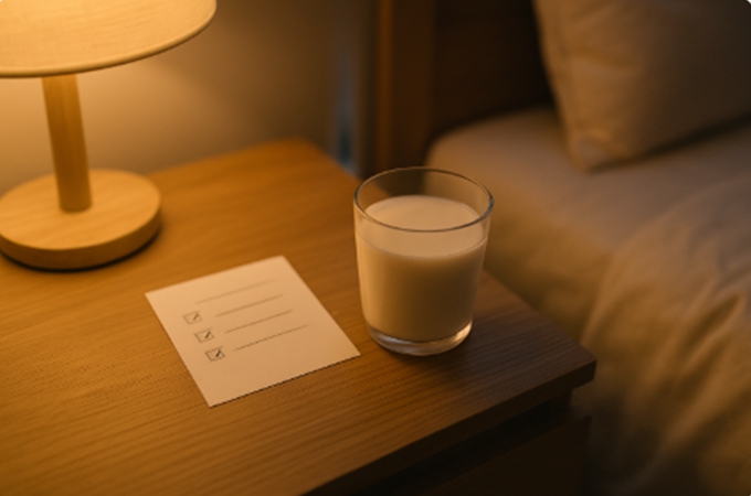 불을 낮춘 침실, 협탁 위에 체크리스트 메모와 우유 한 잔이 차분한 조명 아래 놓여 있다.