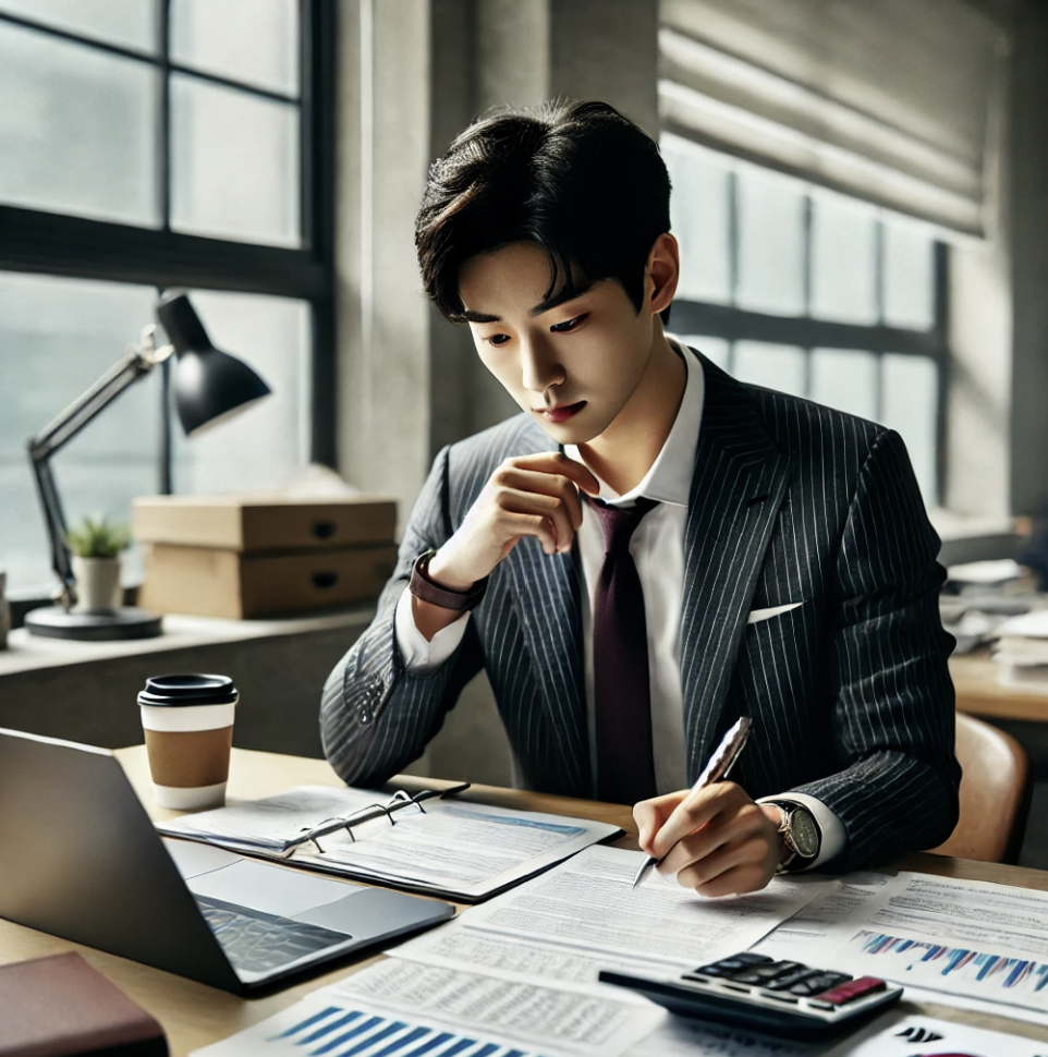 주식 평가 자료 분석 중인 비즈니스 전문가