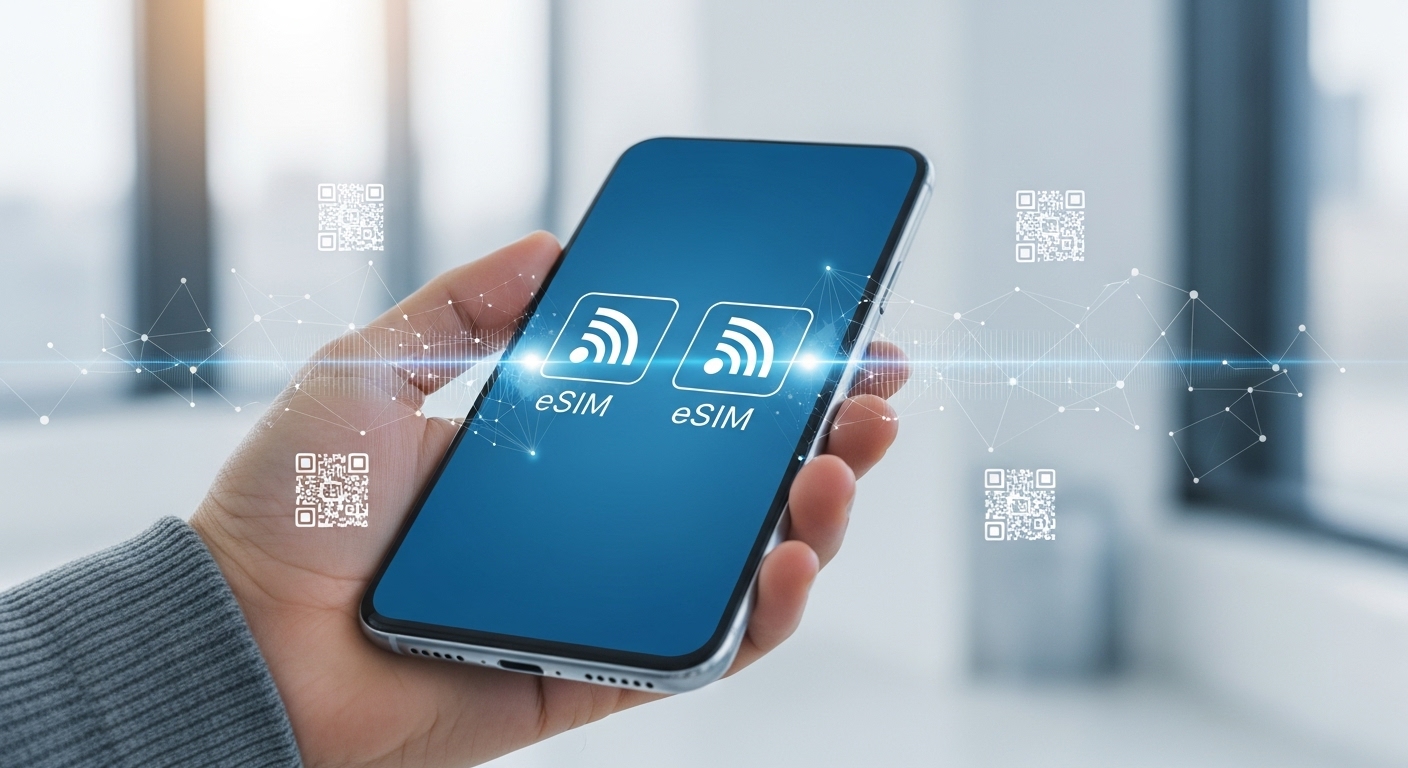 스마트폰 두 개의 네트워크 신호가 표시된 eSIM 듀얼심 기능 이미지, KT 무료 교체 혜택