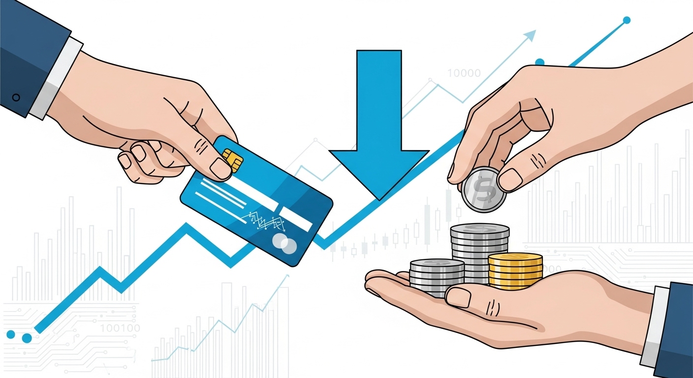 손이 신용카드를 주고받으며 거래 수수료가 절감되는 모습을 형상화한 그래픽.