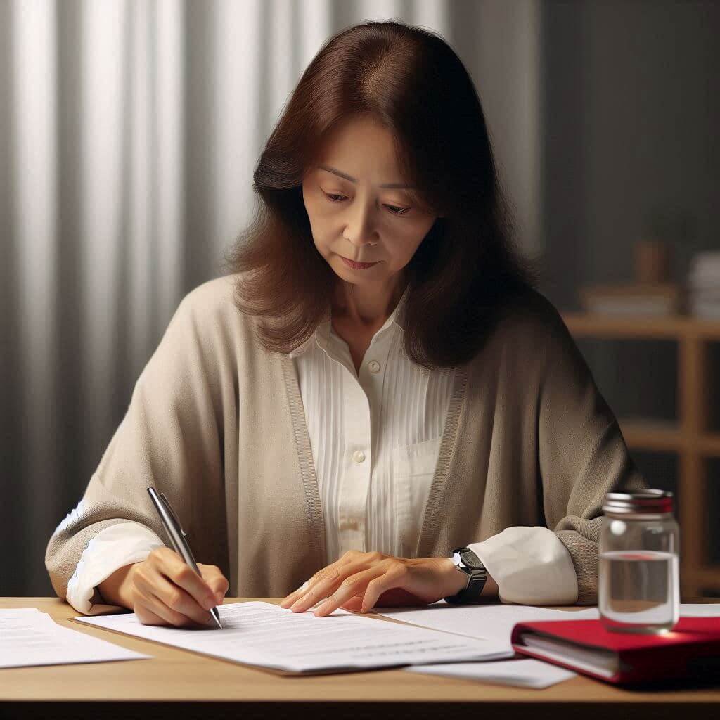 문서 작성에 집중하고 있는 중년 여성의 모습