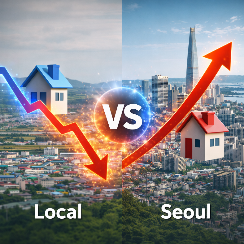 지방집값은 내리고 서울집값은 오르는 것을 표현한 이미지