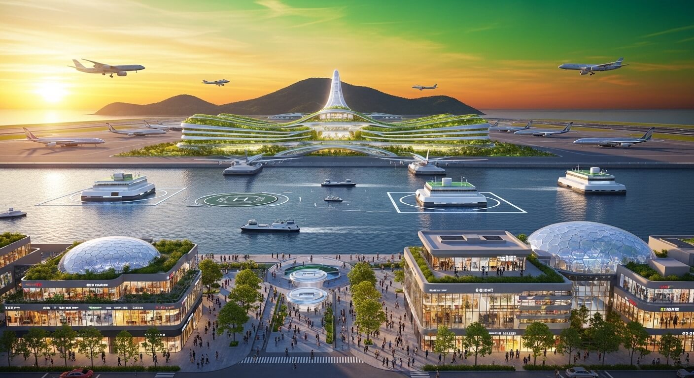 웅장항 공항과 이착류 비행기들 그 가운데에는 배가 지나다니고 여러 빌딩과 사람들이 즐비한모습