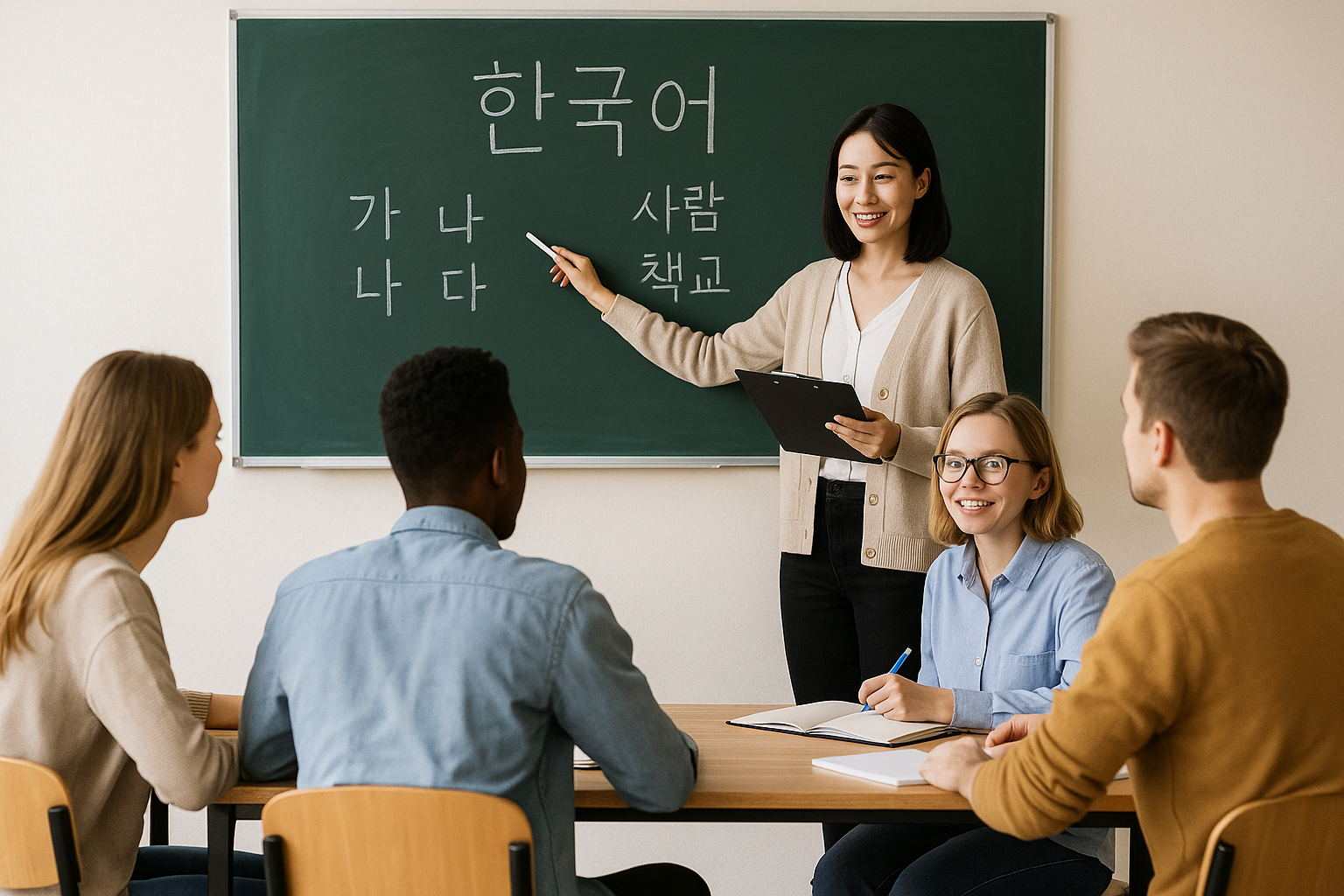 한국어 교원 자격증을 취득한 선생님이 외국인 대상으로 수업하고 있는 모습