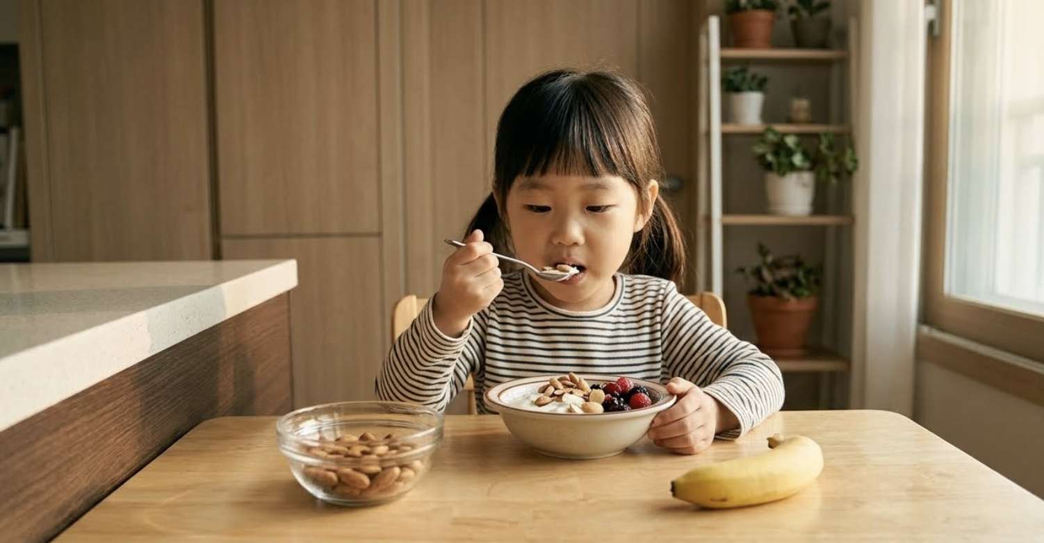 나무 식탁 앞에서 줄무늬 티셔츠를 입은 유아가 스스로 숟가락을 들고 아몬드와 베리가 토핑된 요거트 볼을 먹고 있다. 식탁 위에는 아몬드가 담긴 유리 그릇과 바나나 한 개가 놓여 있으며, 배경으로 따뜻한 햇살이 드는 창가와 화분 선반이 보인다