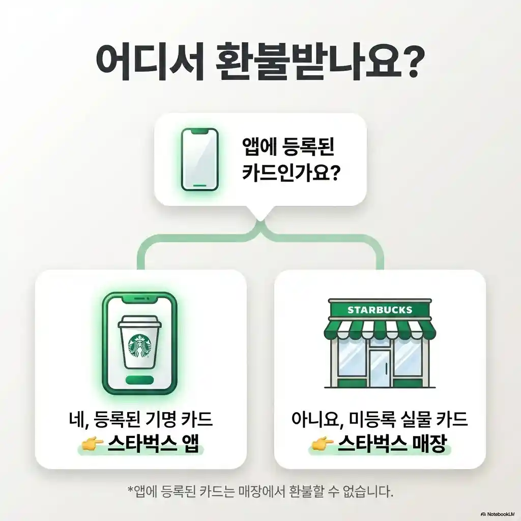 스타벅스 카드 환불 신청 경로 선택 안내 - 앱 등록 기명 카드는 모바일 앱, 미등록 실물 카드는 매장 방문