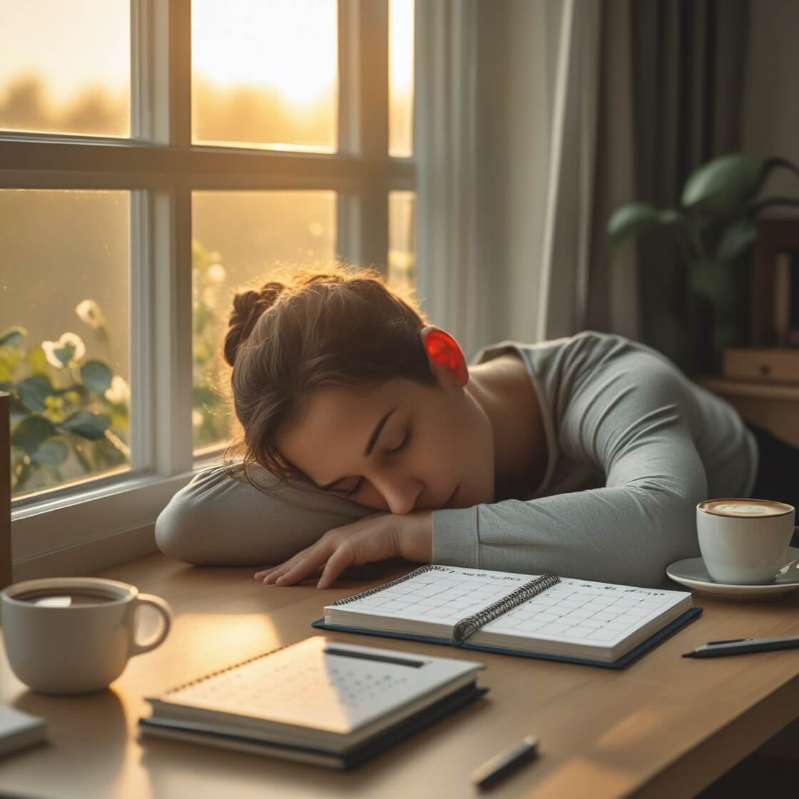 자기 통제력을 위해 목표를 설정해 놓은 후 잠깐의 휴식을 취하고 있는 여성