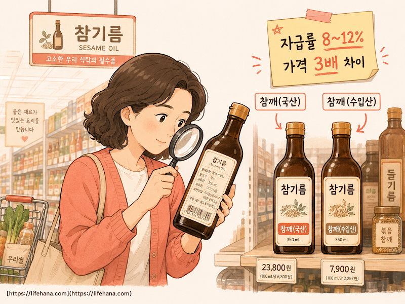 마트 참기름 코너에서 국산과 수입산 라벨을 비교하는 장면